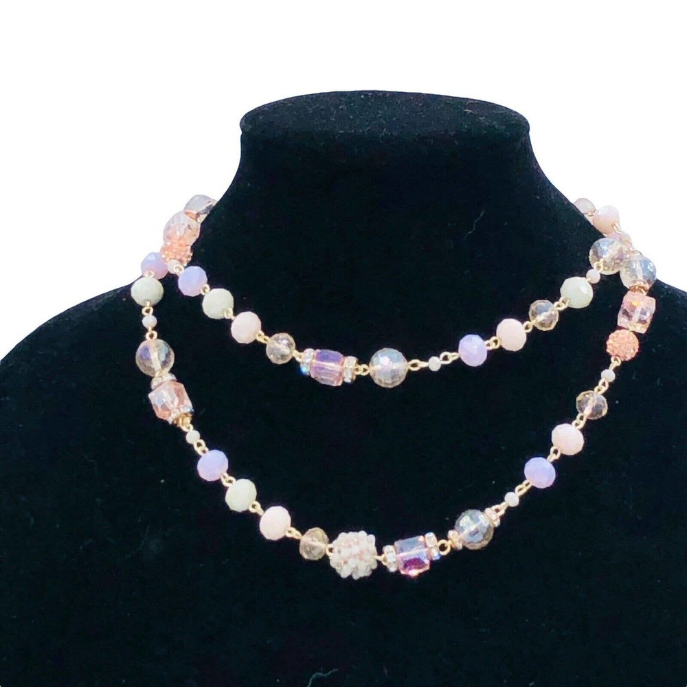 Rush By Denis & Charles Pink Crystal Beaded Necklace 40" Jewelry Vintage
